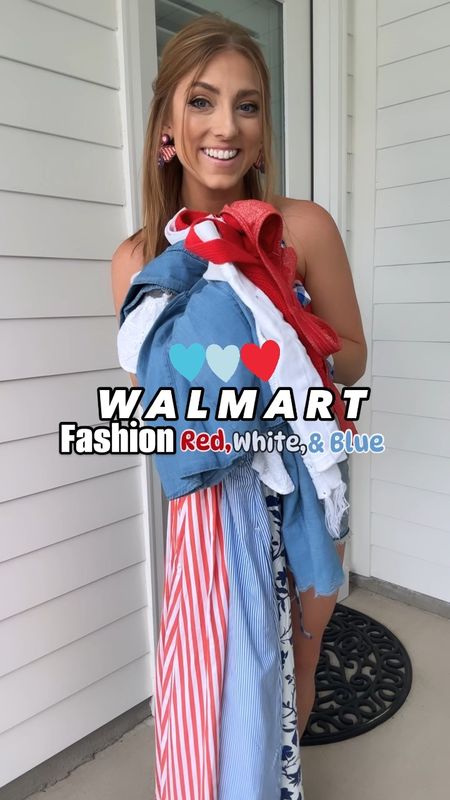 Sharing some Walmart red white and blue looks perfect for all things summer 🙂 tops, dresses  swimwear and pairing them all with the cutest Amazon fashion earrings. I love repping some patriotic this time of year ❤️🤍💙 

Memorial Day. July 4th. Patriotic style. Walmart fashion. Outfit ideas. LTK under 50. 