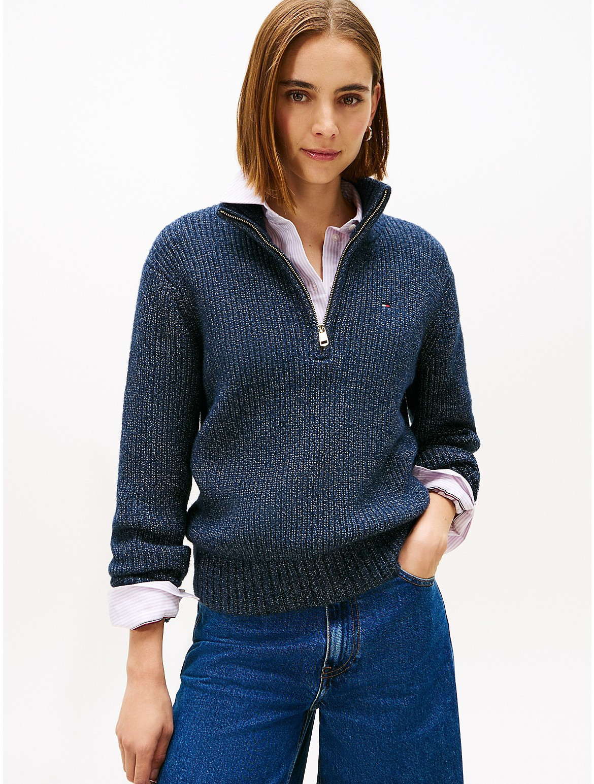 Tommy Hilfiger Women's Quarter-Zip Chunky Knit Sweater - Blue - M | Tommy Hilfiger (US)