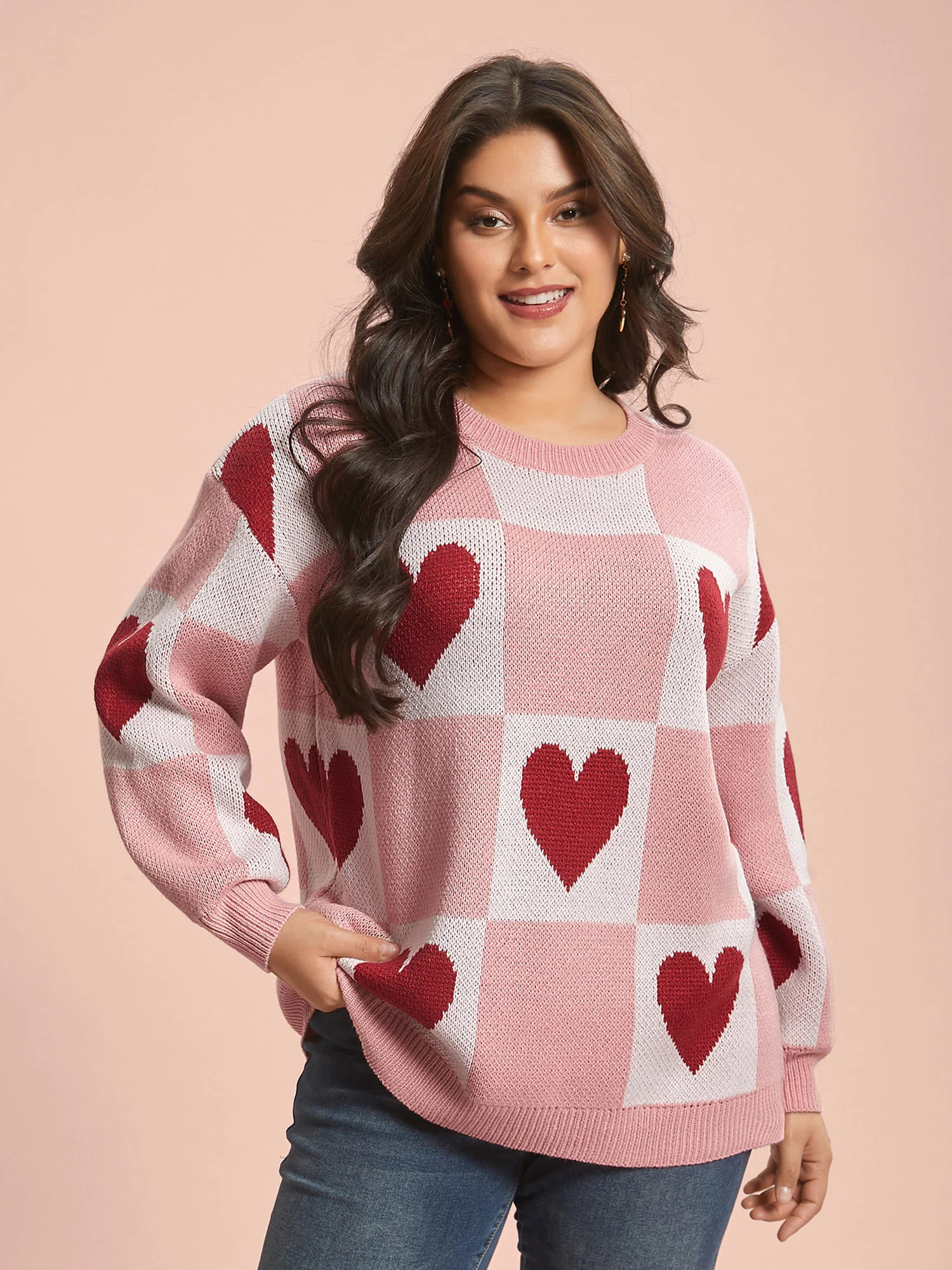 Checkered Hearts Jacquard Color-Contrast Pullover | Bloomchic