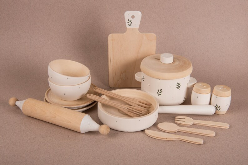 Wooden Play Kitchen Accessories - Wooden tea set - Wooden dishes set Botanical - Wooden pan - Woo... | Etsy (US)