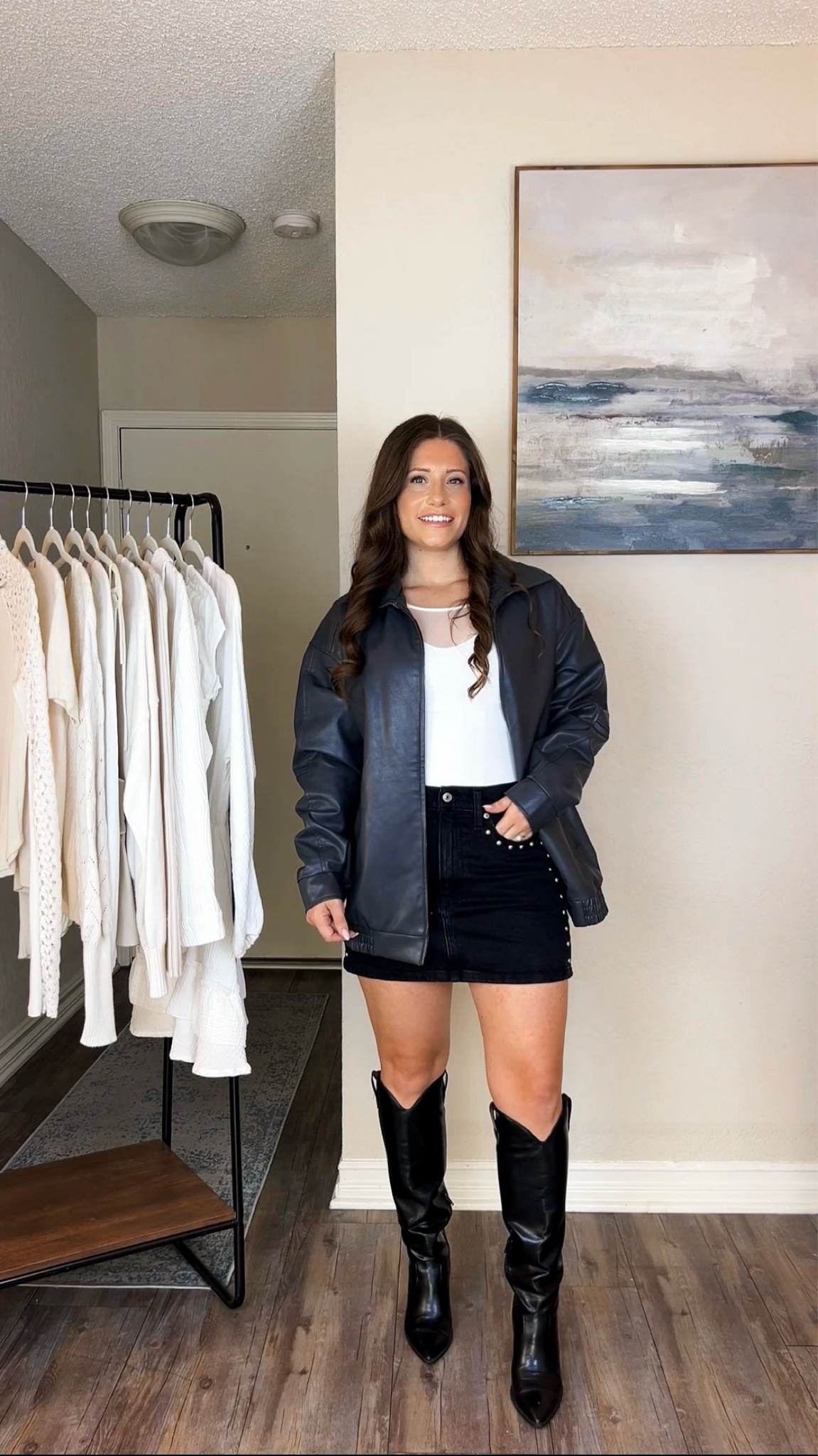 Obsessed with this studded denim skirt! 🖤 Oversized Moto Jacket, knee boots, amazon bodysuit 

#LTKSeasonal #LTKStyleTip #LTKShoeCrush