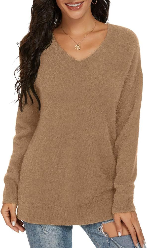 QIXING Women's Casual V-Neck Long Sleeves Side Split Loose Fit Fuzzy Knit Pullover Sweater Tops | Amazon (US)
