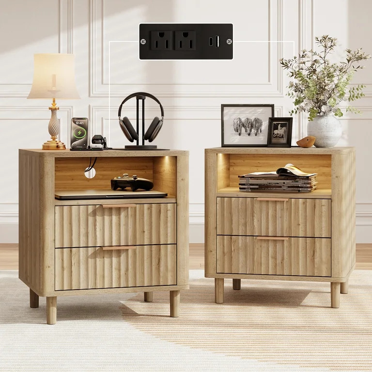 18" Wide Fluted Nightstand Set of 2 with Charging Station Modern Wood Bedside Table with 2 Drawer... | Walmart (US)