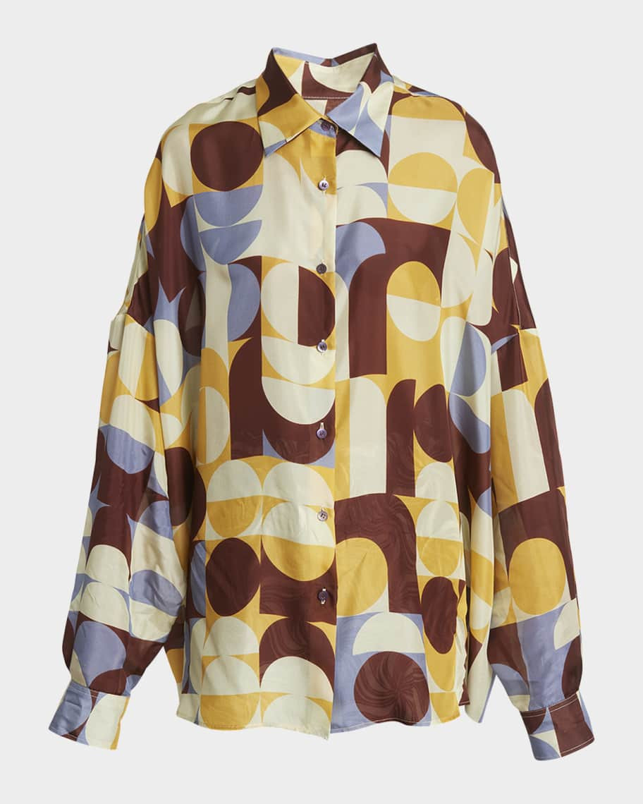 Dries Van Noten Casia Abstract-Print Oversized Silk Collared Shirt | Neiman Marcus