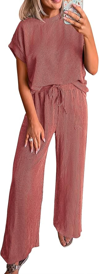 KIRUNDO Summer Sets Women 2 Piece Outfits Casual Ribbed Knit Short Sleeve Tops Wide Leg Pants Lou... | Amazon (US)