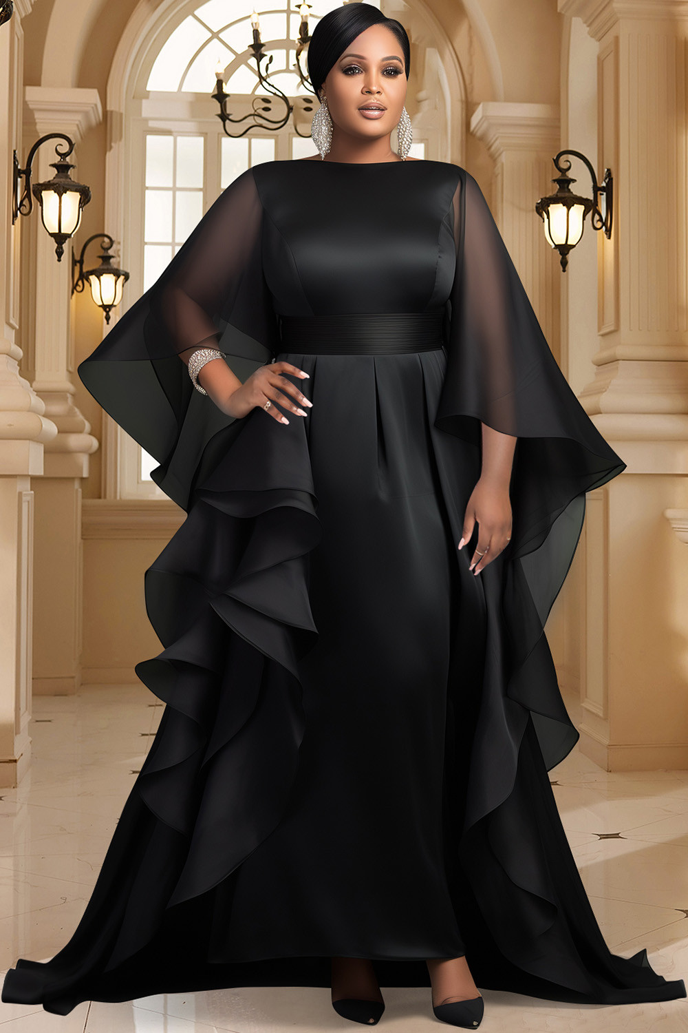 Xpluswear Design Plus Size Formal Chiffon Black Flare 3/4 Sleeve See Through Peplum Satin Maxi Dr... | Xpluswear