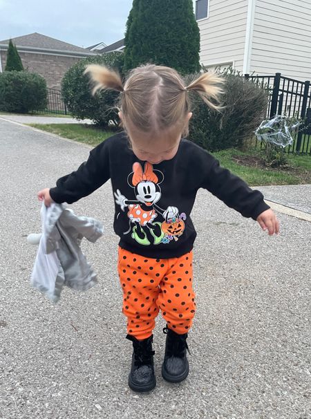 Halloween look: Minnie Mouse Halloween sweat set only $15 and black glitter combat boots on sale for buy one get one 50% off. 

#LTKsalealert #LTKkids #LTKHalloween