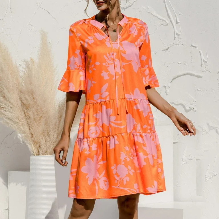 Summer Dresses For Women 2023 3/4 Puff Sleeves Ruffle Mini V Neck Solid Pleated Dress - Walmart.c... | Walmart (US)