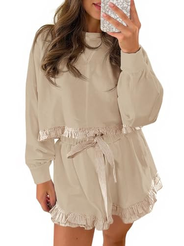 Fisoew Women's 2 Piece Lounge Sets Ruffle Color Block Cropped Sweatshirts Casual Drawstring Shorts Fall Loose Sweatsuits | Amazon (US)