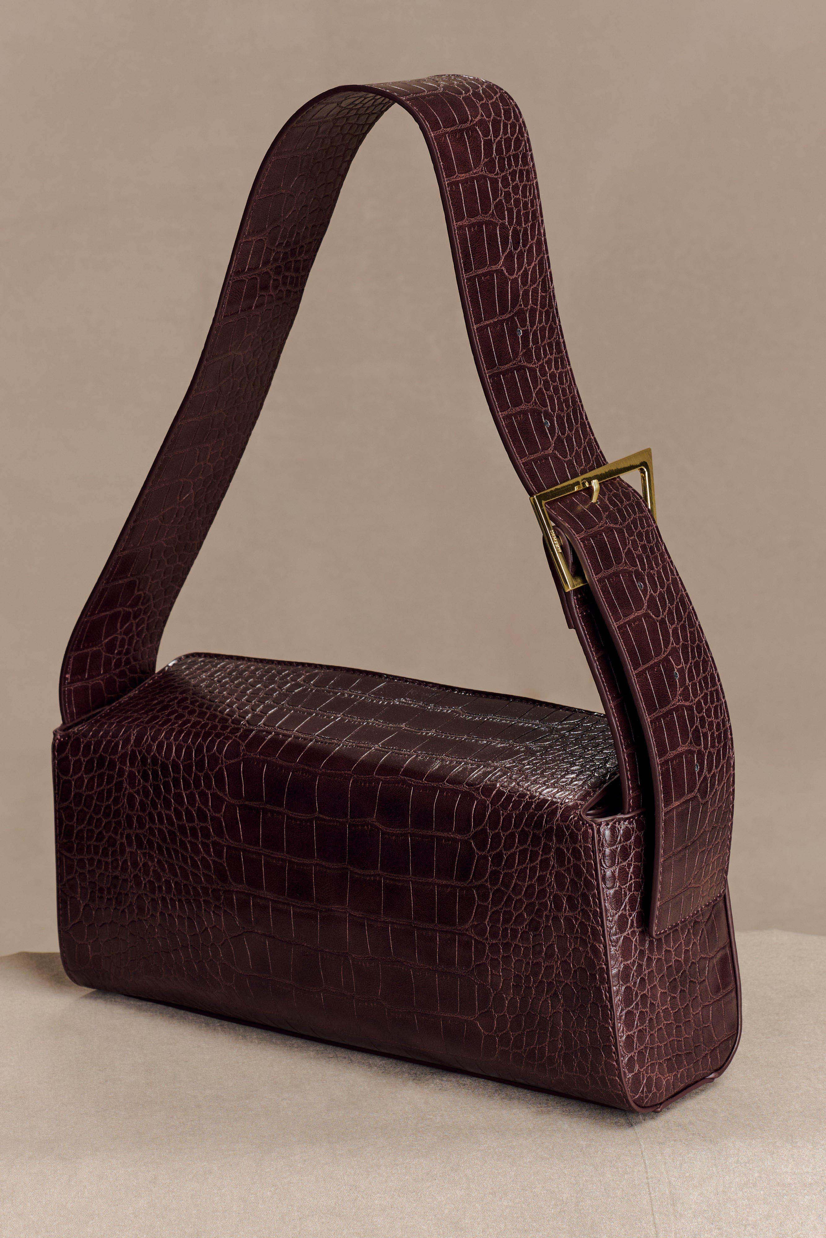 Maria Faux Leather Crocodile Shoulder Bag - Chocolate | MESHKI US