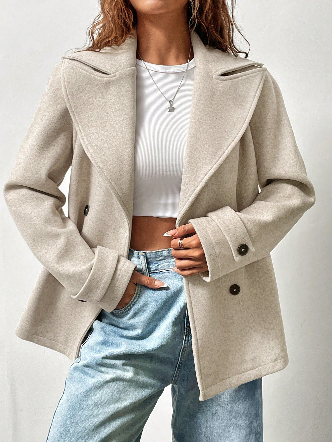 SHEIN MOOSTA Women's Double Breasted Woolen Coat With Pointed Lapel | SHEIN