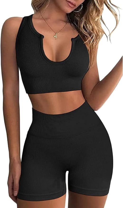 Hwnovdy Seamless Workout Sets for Women Ribbed Sport Bra High Waist Running Shorts Gym 2 Piece Yo... | Amazon (US)