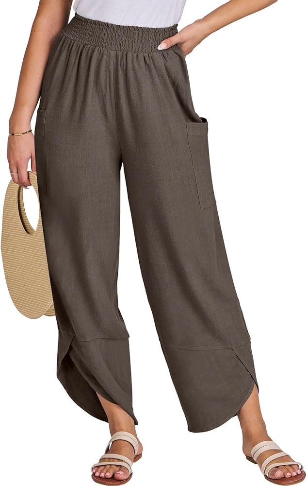 Caracilia Women Casual Linen High Waisted Wide Leg Baggy Palazzo Capri Pants Summer 2024 Trendy O... | Amazon (US)