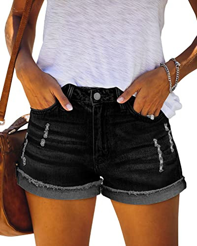 Angerella Women's Casual Button Denim Shorts Rolled Hem Jean Shorts Denim Shorts Juniors,Blue,Lar... | Amazon (US)