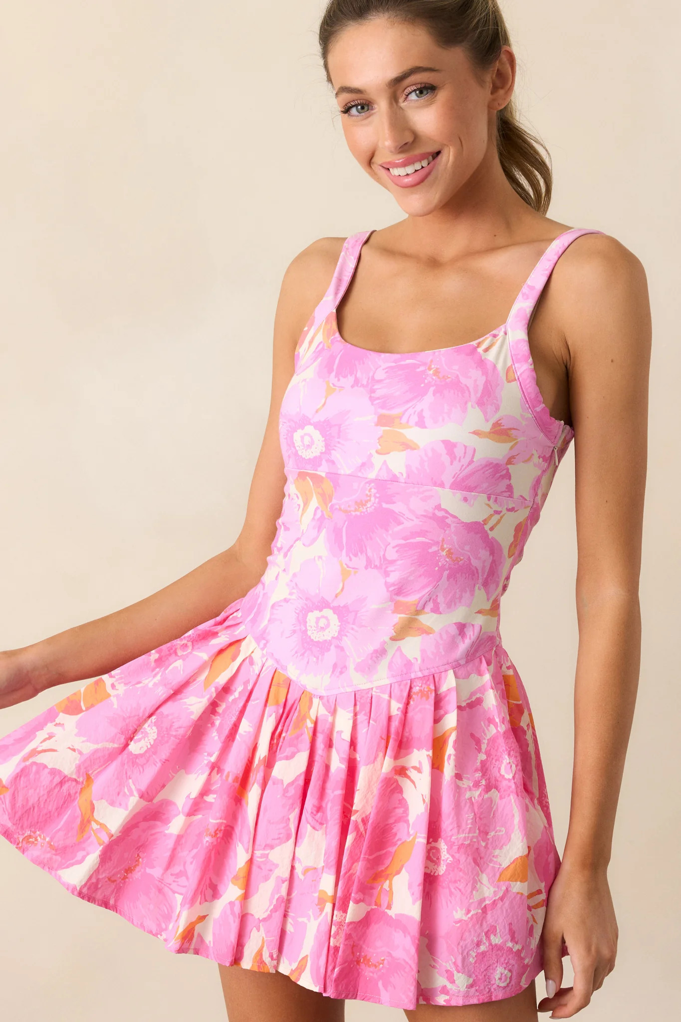 Garden Party Hot Pink & Orange Floral Pleated Tennis Dress | Red Dress