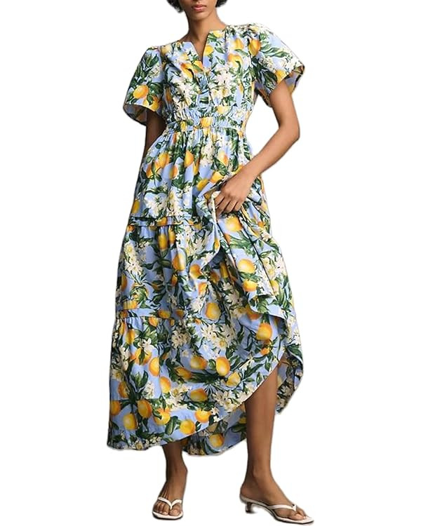 Women Boho Maxi Dress Short Sleeve V Neck Floral Print Loose Flowy Long Dress Aline Tiered Ruffle... | Amazon (US)
