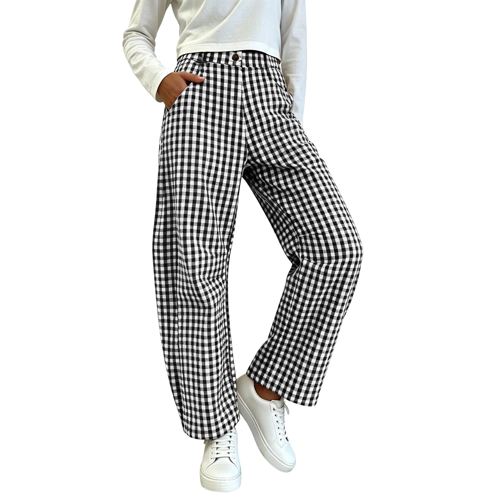 Yutgune Women's Plaid Barrel Pants High Waisted Button Wide Leg Casual Trousers with Pockets | Walmart (US)