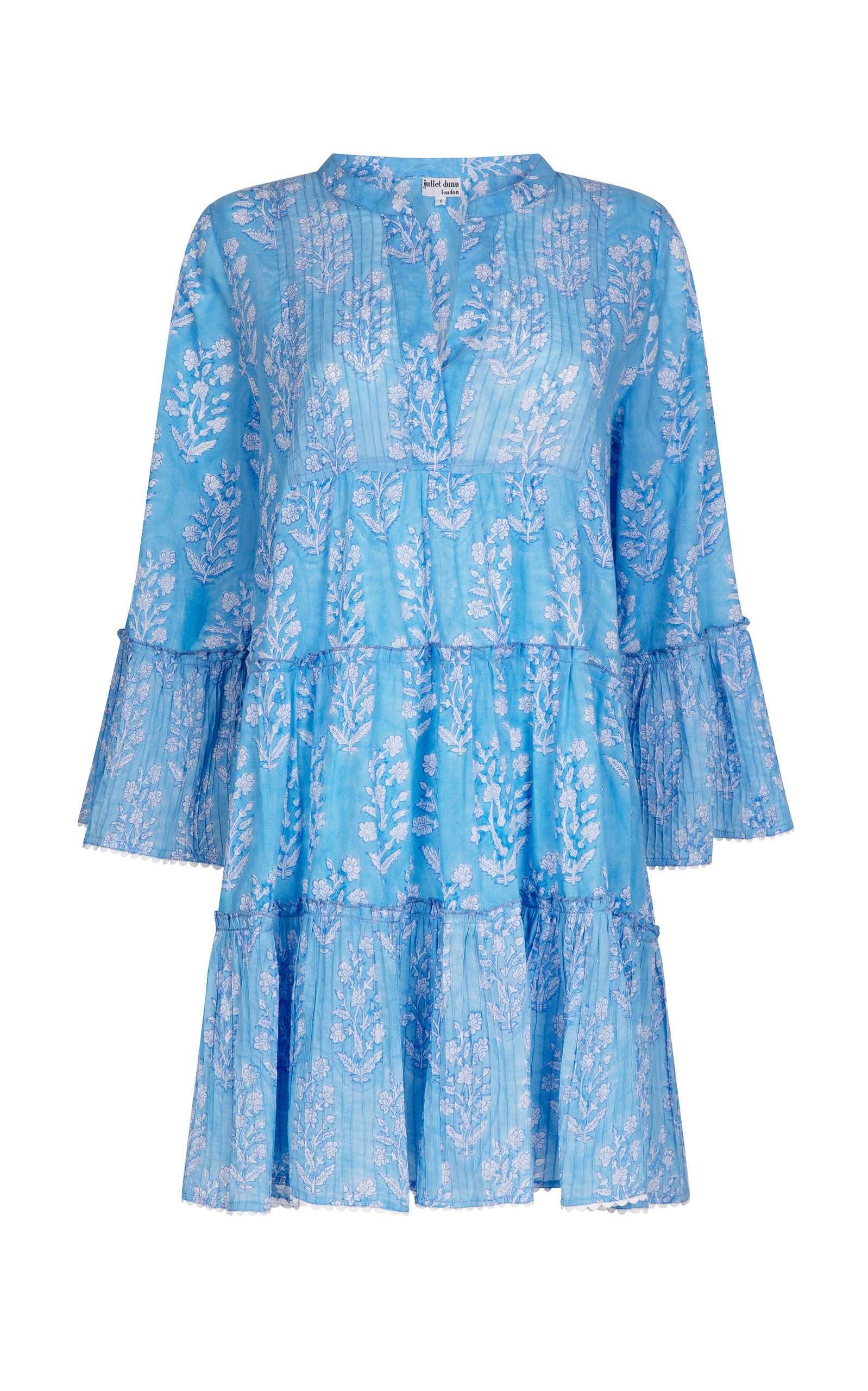 Small Flower Block Printed Flared-Sleeve Tiered Cotton Mini Dress | Moda Operandi (Global)