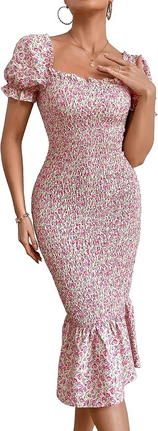 PRETTYGARDEN Women's Summer Floral Midi Bodycon Dresses Short Puff Sleeve Square Neck Ruffle Hem ... | Amazon (US)