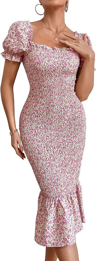 PRETTYGARDEN Women's Summer Floral Midi Bodycon Dresses Short Puff Sleeve Square Neck Ruffle Hem ... | Amazon (US)