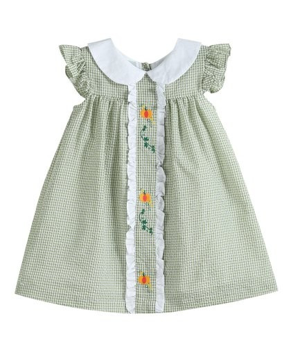 Green Gingham Pumpkin Peter Pan Collar Angel-Sleeve Dress - Infant &amp; Girls | Zulily