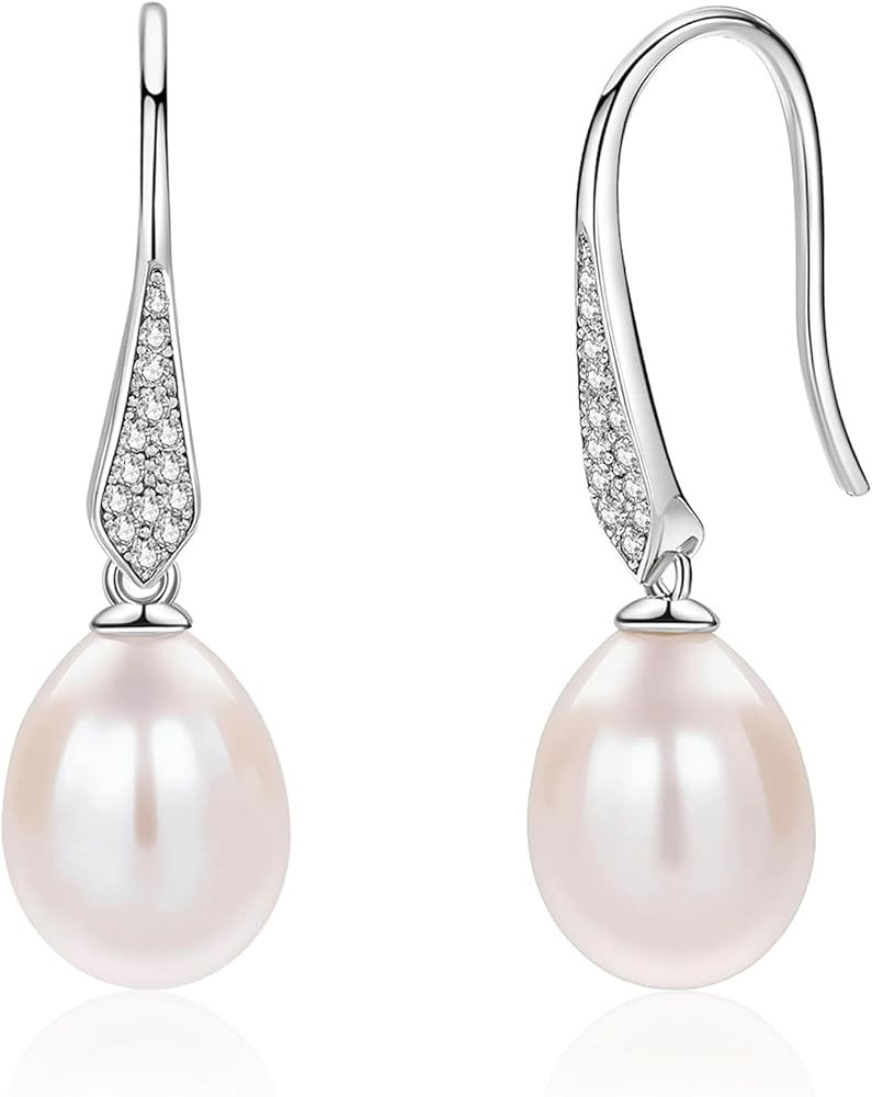 Pearl Drop Earrings for Women, Gold Plated & 925 Sterling Silver, Pink & White Dangle Earrings, D... | Amazon (US)
