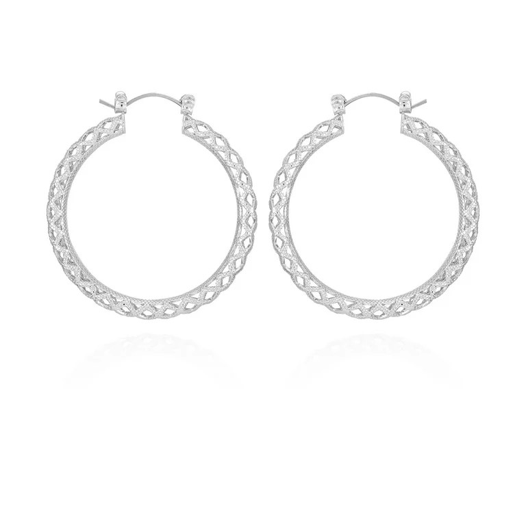 Time and Tru Women's Silver Tone Everday Basketweave Hoops | Walmart (US)