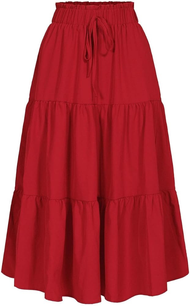 MSLG Women's High Elastic Waist Midi Skirt Casual Summer Trendy Tie Front Flowy Ruffle Floral Pri... | Amazon (US)