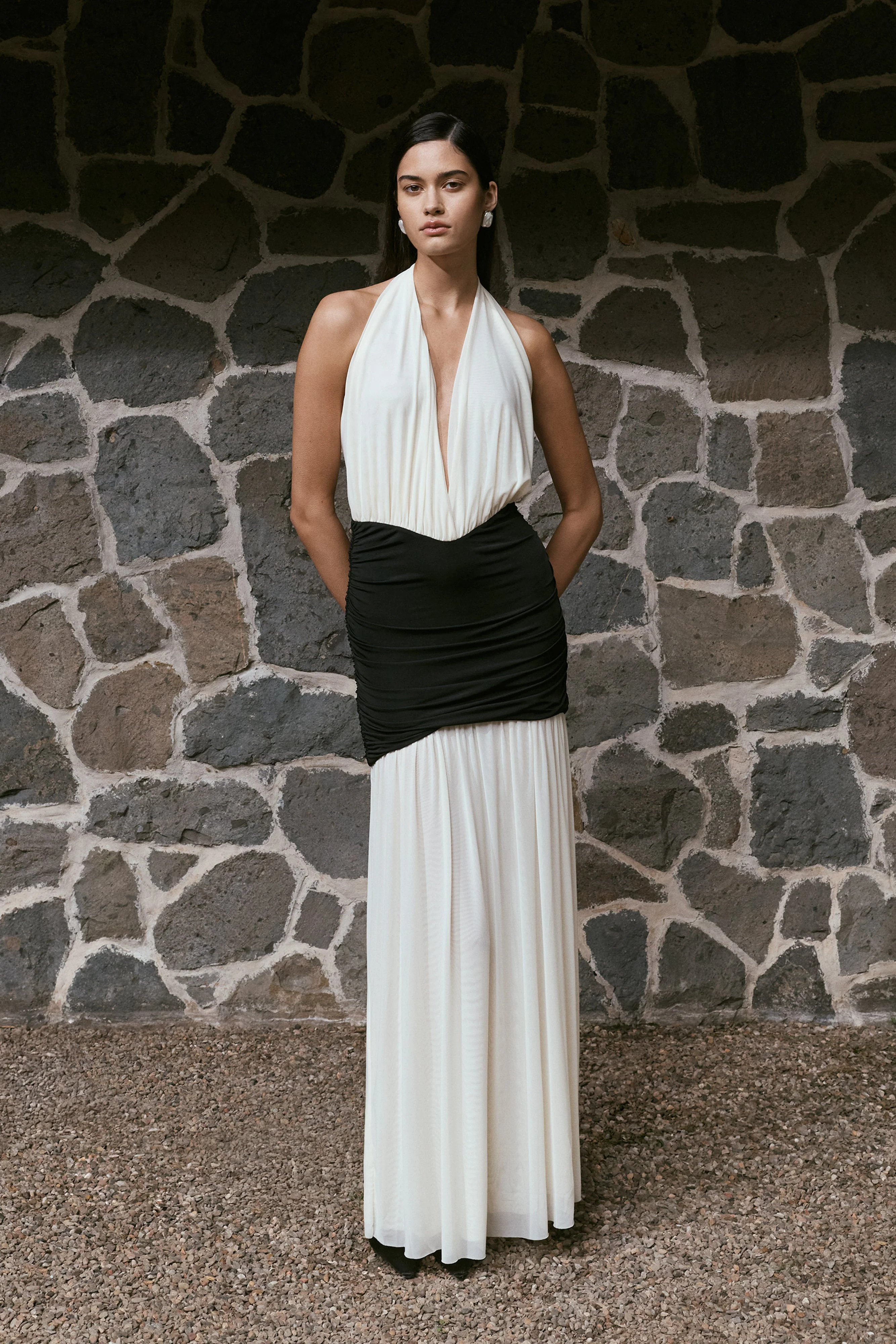 Hailee Slinky And Mesh Halter Maxi Dress - Black/White | MESHKI US