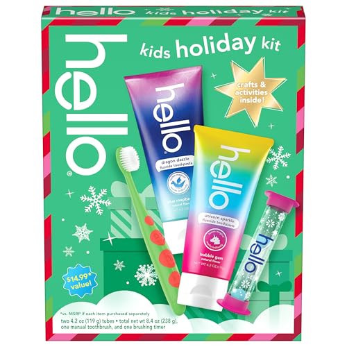 Hello Kids Toothbrush and Kids Toothpaste with Fluoride Holiday Gift Set, for Ages 3 and Older, Includes Bubblegum and Blue Raspberry Flavored Toothpastes, an Hourglass Timer, and Fun Holiday Crafts | Amazon (US)