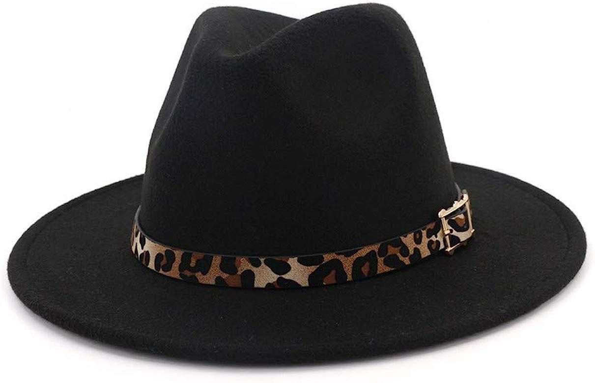 Women's Wide Brim Felt Fedora Panama Hat with Leopard Belt Buckle | Amazon (US)