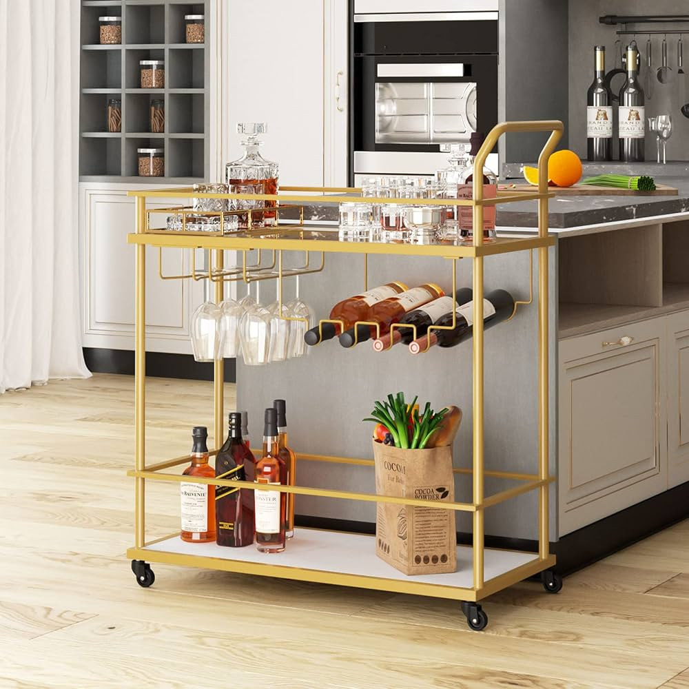 Gold Bar Cart for Home Bar Serving Cart with 2-Tier Mirrored Shelves Mobile Kitchen Wine Cart Holders, Glass Holders, for Kitchen, Dining Room Gold | Amazon (US)