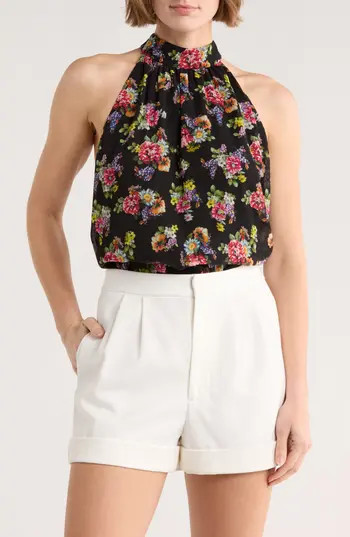 Alice + Olivia Maris Floral Halter Top in Magnolia Floral Black at Nordstrom Rack, Size Medium | Nordstrom Rack
