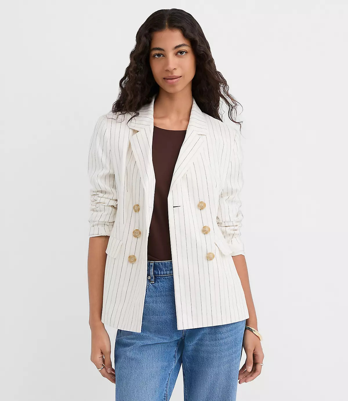 Pinstripe Cotton Linen Double Breasted Blazer | LOFT