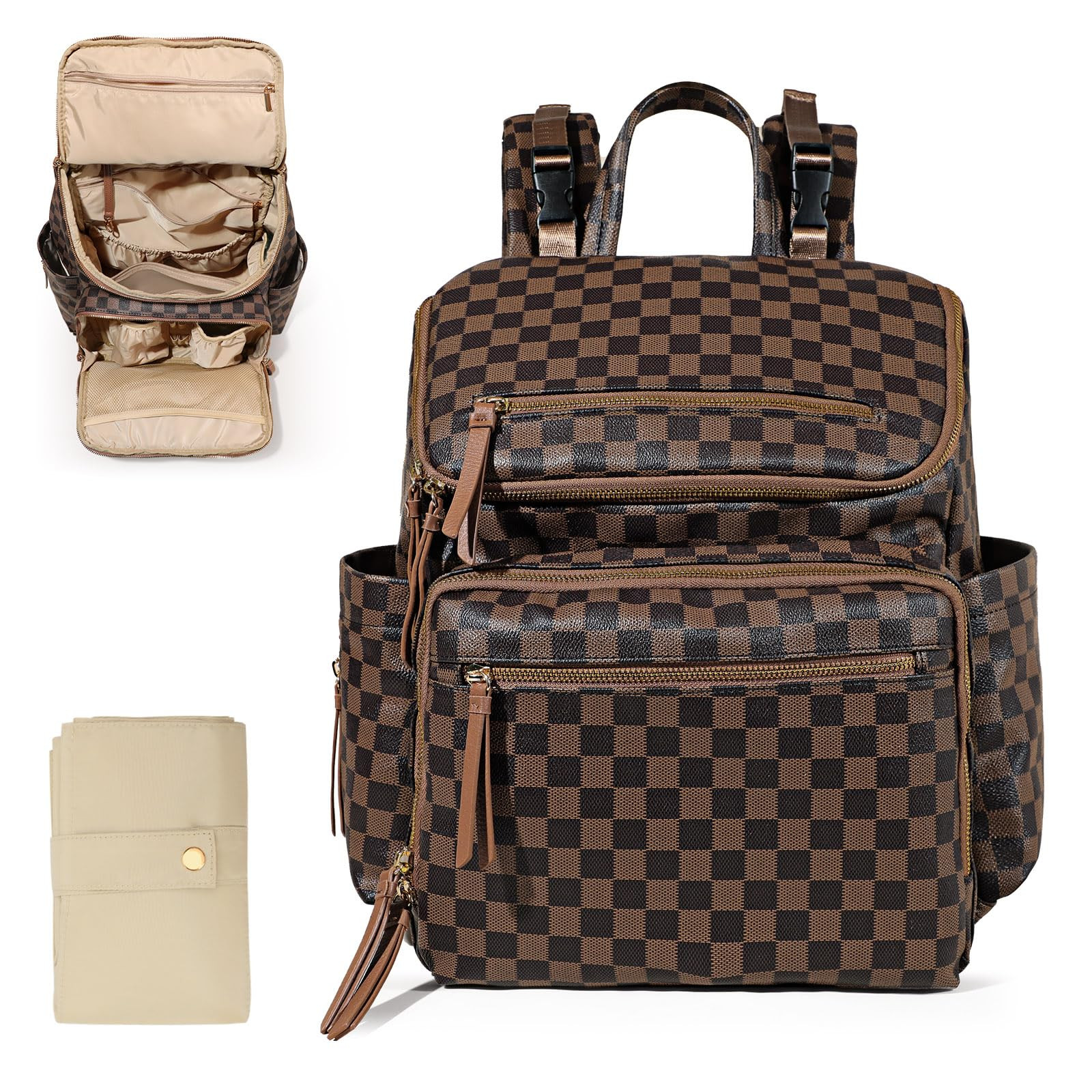 Checkered Diaper Bag Backpack Large Baby Diaper Bag Leather with 17 Diaper Bag Organizing Pouches... | Amazon (US)
