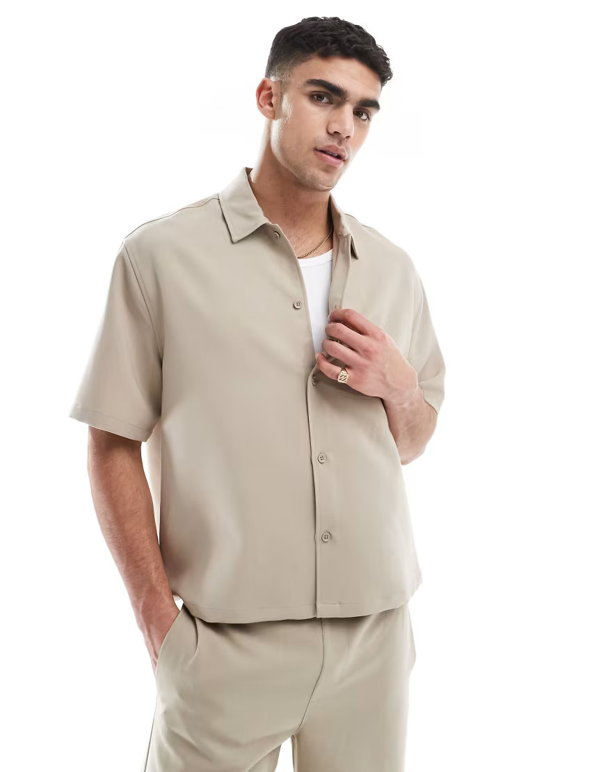 Bershka premium shirt co-ord in beige-Neutral | ASOS (Global)