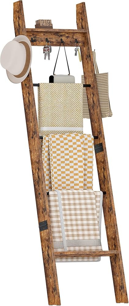 CHOEZON 5-Tier Blanket Ladder, Wooden Blanket Display Rack, Towel Ladder with Hooks, Wall Leaning... | Amazon (US)