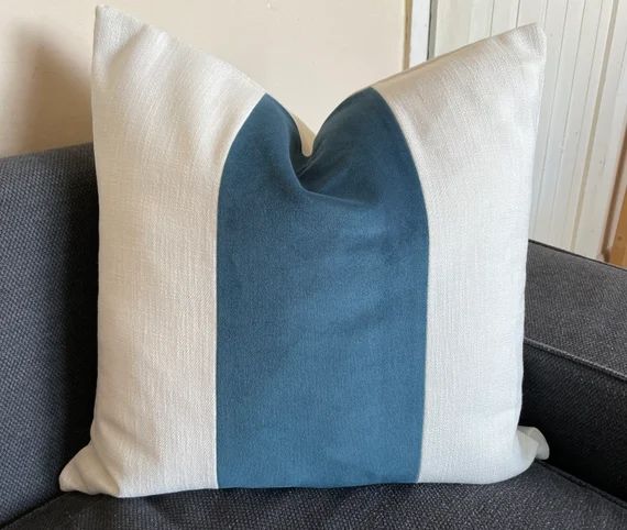 teal blue velvet and white pillow cover, teal color block cushion, blue color block pillow, | Etsy (US)