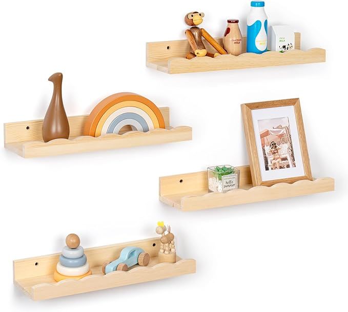 Fun Memories Picture Ledge Shelf for Wall, 16 inch Pine Wood Nursery Book Shelves Set of 4- Wall ... | Amazon (US)