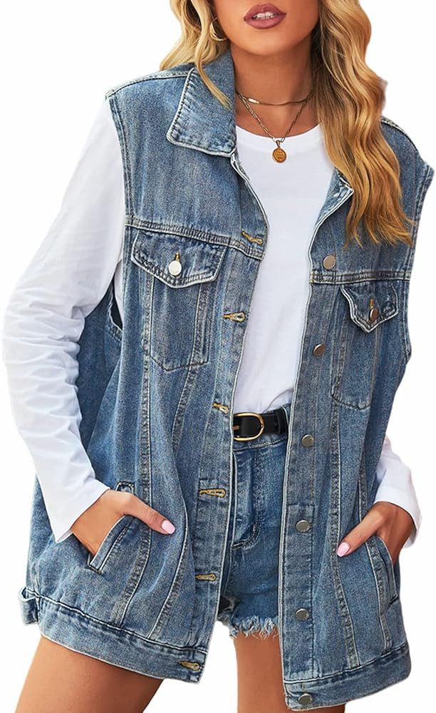 Anzber Women's Denim Vest Oversized Casual Classic Sleeveless Button Denim Jacket | Amazon (US)