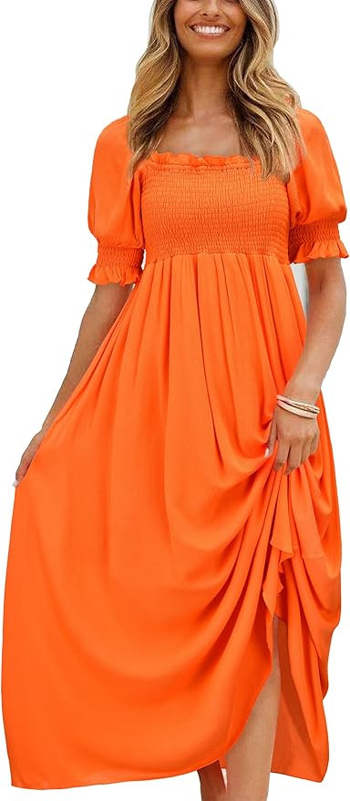 UIMLK Women's Vintage Flowy Boho Midi with Puff Sleeve Ruffled Long Cottage Peasant Off The Shoul... | Amazon (US)