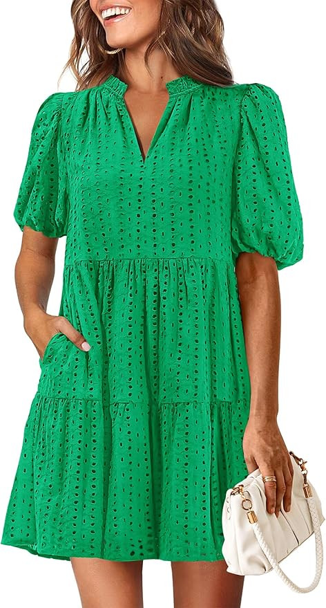 KIRUNDO Eyelet Summer Dresses for Women Mini Casual Hollow Out Short Sleeve Lace Tiered V Neck Sh... | Amazon (US)