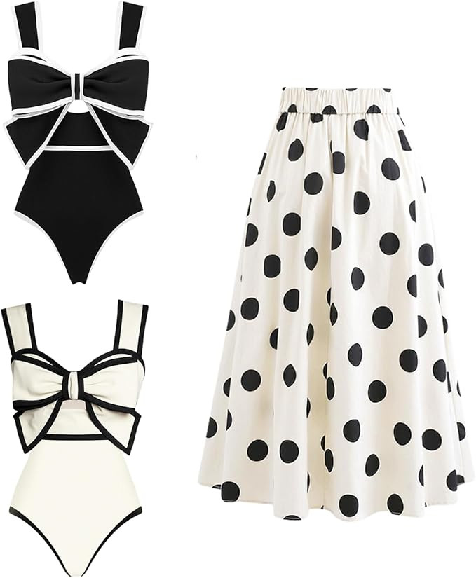 FLAXMAKER Black and White Bow-tie Decor One Piece Swimsuit and Skirt Set | Amazon (US)