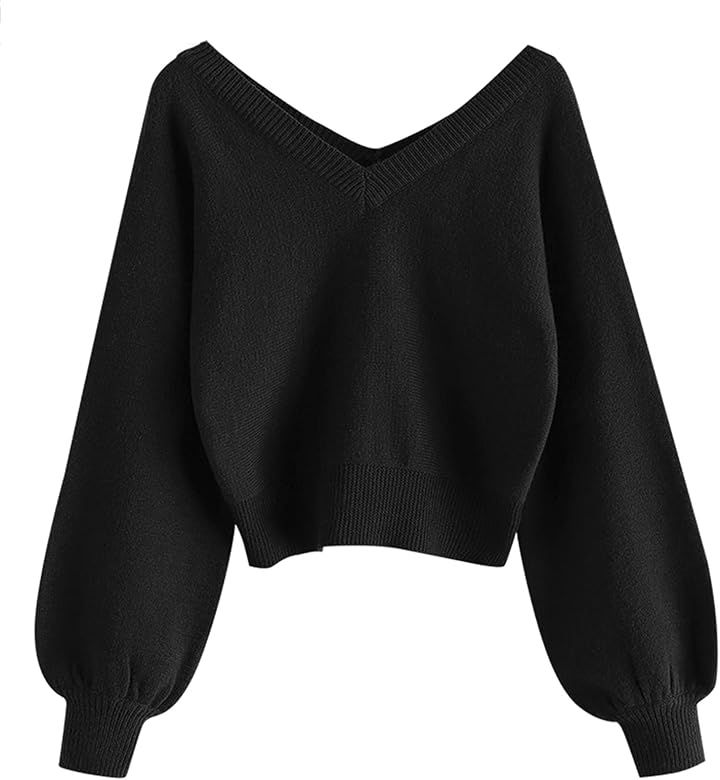ZAFUL Women's Cropped Sweater V-Neck Long Sleeve Crop Sweater Pullover Jumper Knit Top | Amazon (US)