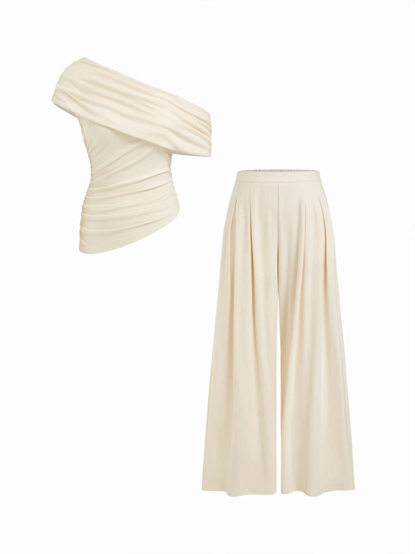 Knit Fabric Asymmetrical Neck Ruched Top & Mid Rise Wide Leg Trousers Set For Daily Casual | Cider