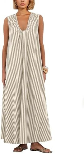 Women Flowy Maxi Dress Ruched Sleeveless Long Dress Vacation Fashion Summer Casual Loose Fit Sund... | Amazon (US)
