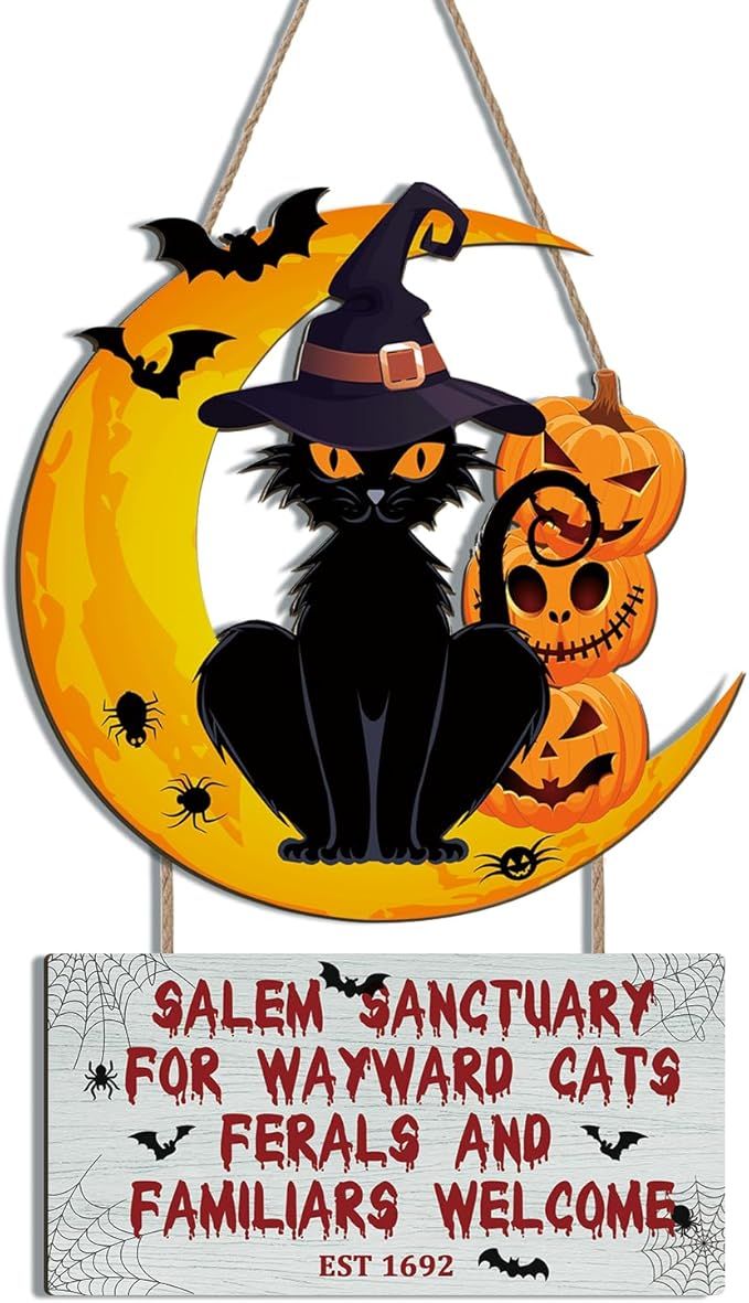 KAIRNE Vintage Halloween Decorations,Black Cat Sign Bat Wooden Plaques,Halloween Welcome Front Do... | Amazon (US)