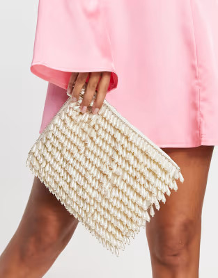ASOS DESIGN zip top clutch in all over pearl in cream | ASOS (Global)