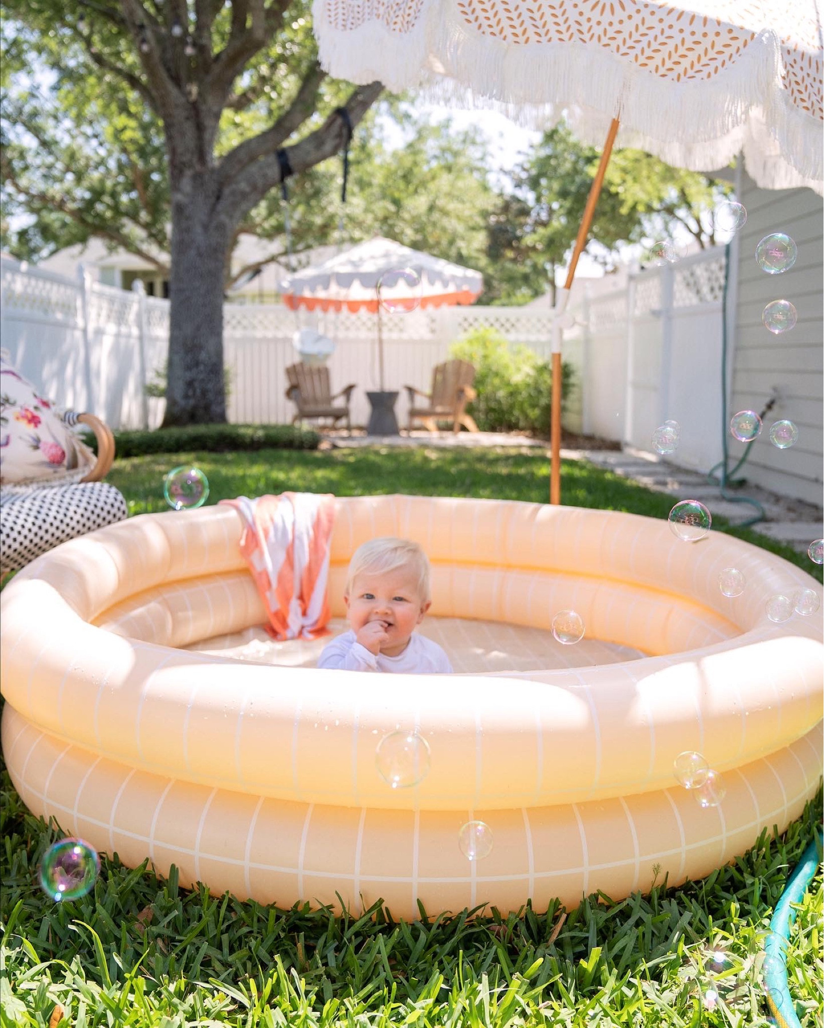 Backyard, fine, blowup pool, outdoor umbrella, swim shirt, and trunks for baby boy! 

#LTKSeasonal #LTKhome #LTKfamily