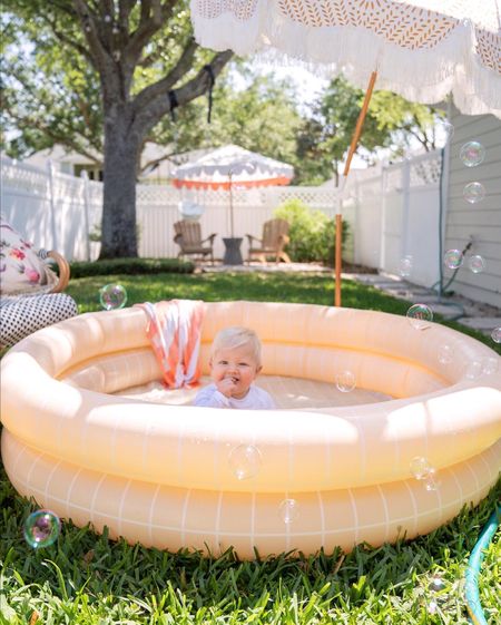 Backyard, fine, blowup pool, outdoor umbrella, swim shirt, and trunks for baby boy! 

#LTKSeasonal #LTKhome #LTKfamily